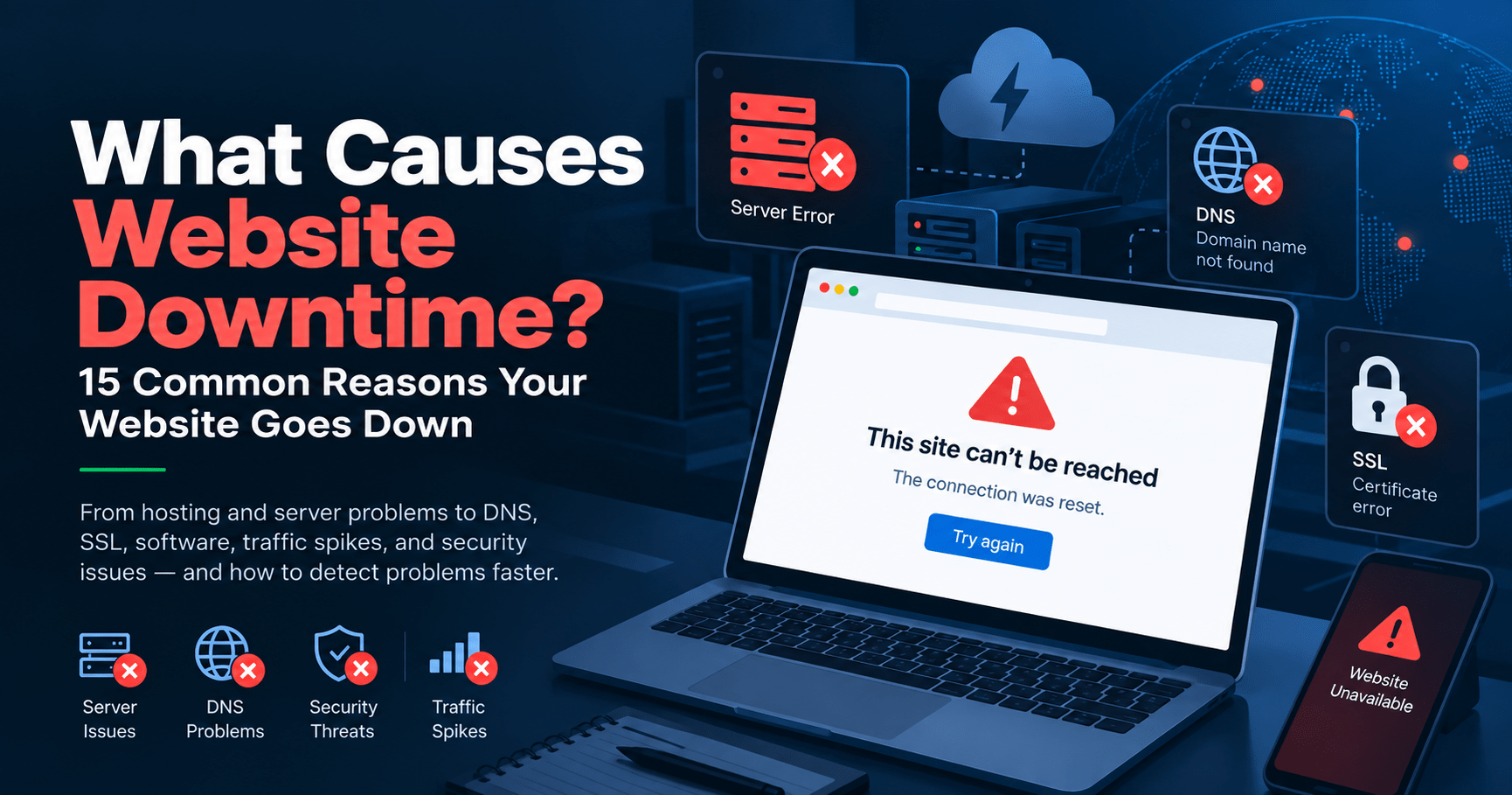 Website downtime illustration showing a website unavailable screen, server error indicators, DNS and hosting issues, and monitoring alerts